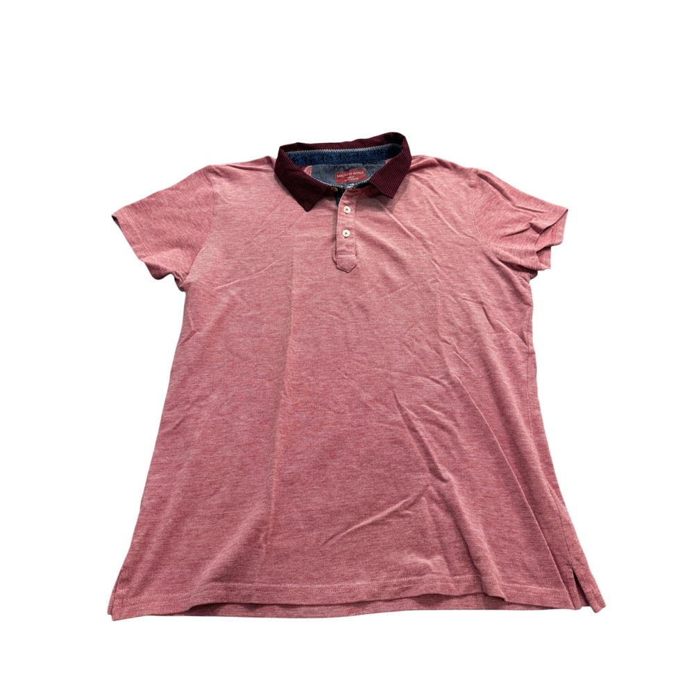Saks Fifth Avenue Mens Trim Fit Polo Shirt L Pink Cotton Gingham Contrast Collar